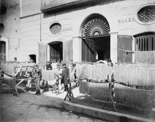 ナポリの街路で乾燥させるパスタ、1897年